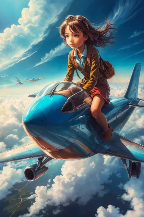 (masterpiece:1.2), (best quality:1.3), highres, ultradetailed, vibrant colors, 1girl, <lora:riding_a:0.6>, riding on a  airplane, cloudy sky,