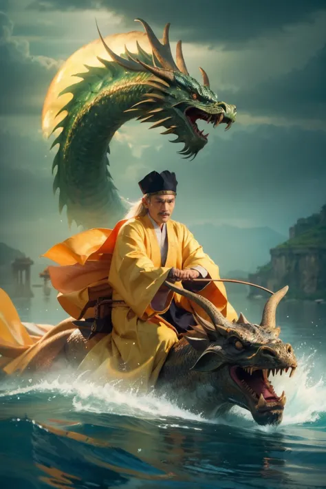 a man riding a dragon on top of a body of water