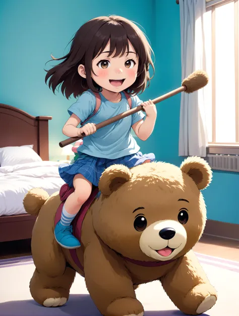 a close up of a person riding a teddy bear on a bed