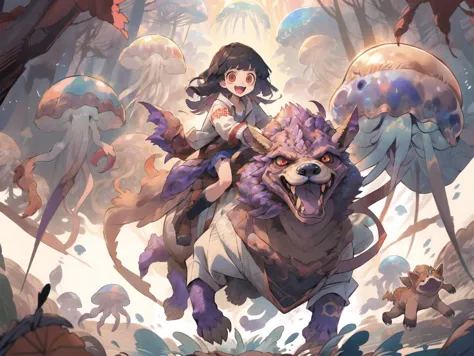 anime girl riding a giant animal in a forest with jellys