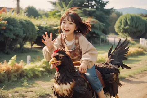 1girl,<lora:MengX girl_Mix_V40:0.8>,<lora:riding_a:0.8>,riding on a chicken,happy,smile,open mouth,waving,