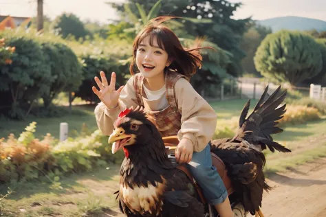 there is a girl riding a chicken on a dirt road