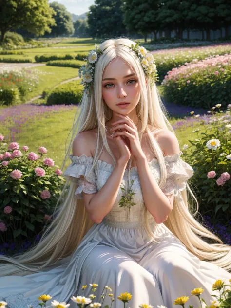 (masterpiece, best quality),1girl with long white hair sitting in a field of green plants and flowers, her hand under her chin, warm lighting, white dress, blurry foreground (intricate details, hyperdetailed:1.15), detailed, light passing through hair, (of...
