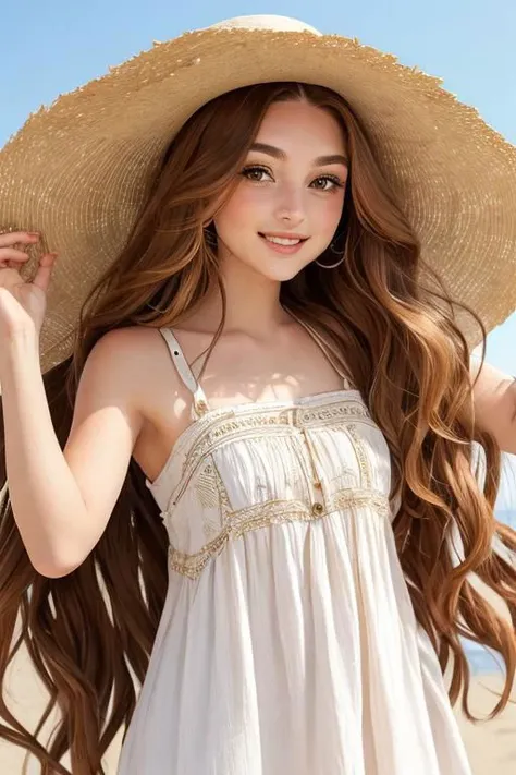 A youthful woman in her twenties, wearing a boho-chic sundress, her long chestnut hair cascading in loose waves, with warm hazel eyes and gracefully arched eyebrows, radiating a carefree and joyful expressionmasterpiece, best quality, intricate,