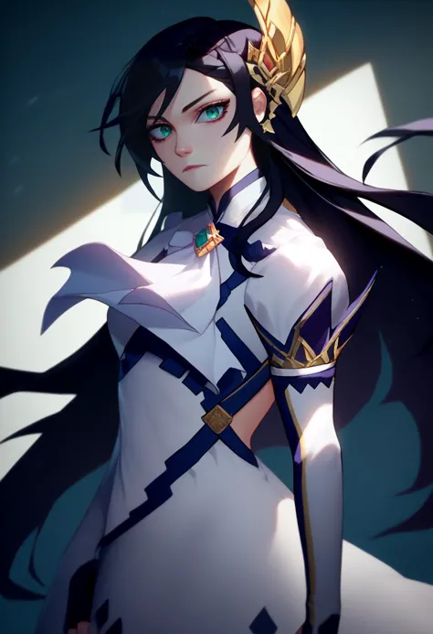 a woman with long black hair and a white dress holding a sword