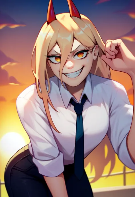 anime girl with horns and a tie posing for a picture