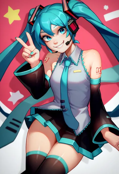 score_9, score_8_up, score_7_up, solo, 1girl, hatsune miku, smile, looking at viewer, v, twintails, headset, sleeveless shirt, necktie, detached sleeves, skirt, thighhighs <lora:style_qt0ri_ponyXL-000011:1>