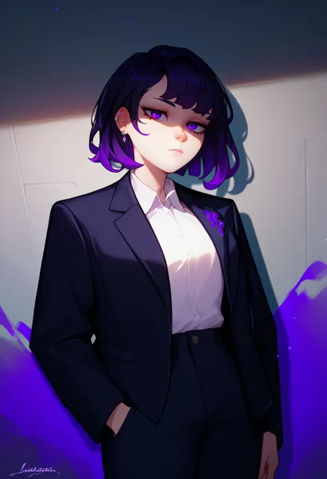 score_9, score_8_up, score_7_up, solo, 1girl, expressionless, looking at viewer, hand in pocket, medium hair, black hair, purple...