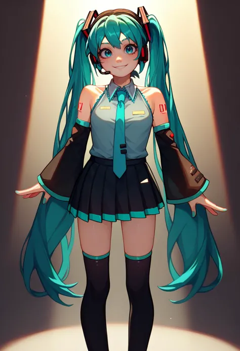 score_9, score_8_up, score_7_up, solo, 1girl, hatsune miku, smile, looking at viewer, standing, v, twintails, headset, grey shir...