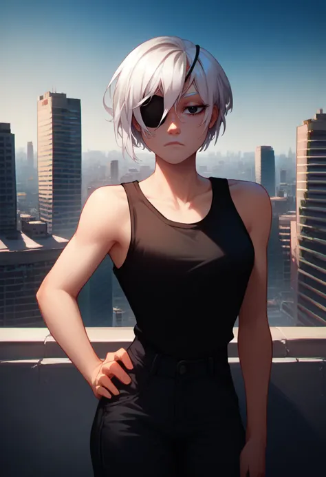 score_9, score_8_up, score_7_up, solo, 1girl, csmquanxi, expressionless, looking at viewer, hand on own hip, white hair, black e...