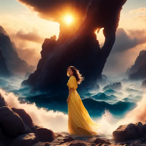 photo, [a discovery of a way to travel through time|a cursed prince turns into a beast] american Pretty Woman in Yellow Dress, staring toward horizon, sunset in background. By   and Stanley   Lau, RAW, canon, James Jean, Andrei Riabovitchev, Marc Simonetti, krenz cushimage, Sakimichan, trending on  , digital image. 4k. 8k. highly detailed. award winning. dramatic. cinematic. concept image. (to8contrast style:1) <lora:theovercomer8sContrastFix_sd21768:0.6>  <lora:johnsondesuv2-320-e1:0.6> (oceanicrealms:1) <lora:djzOceanicRealms_LB2:0.8>