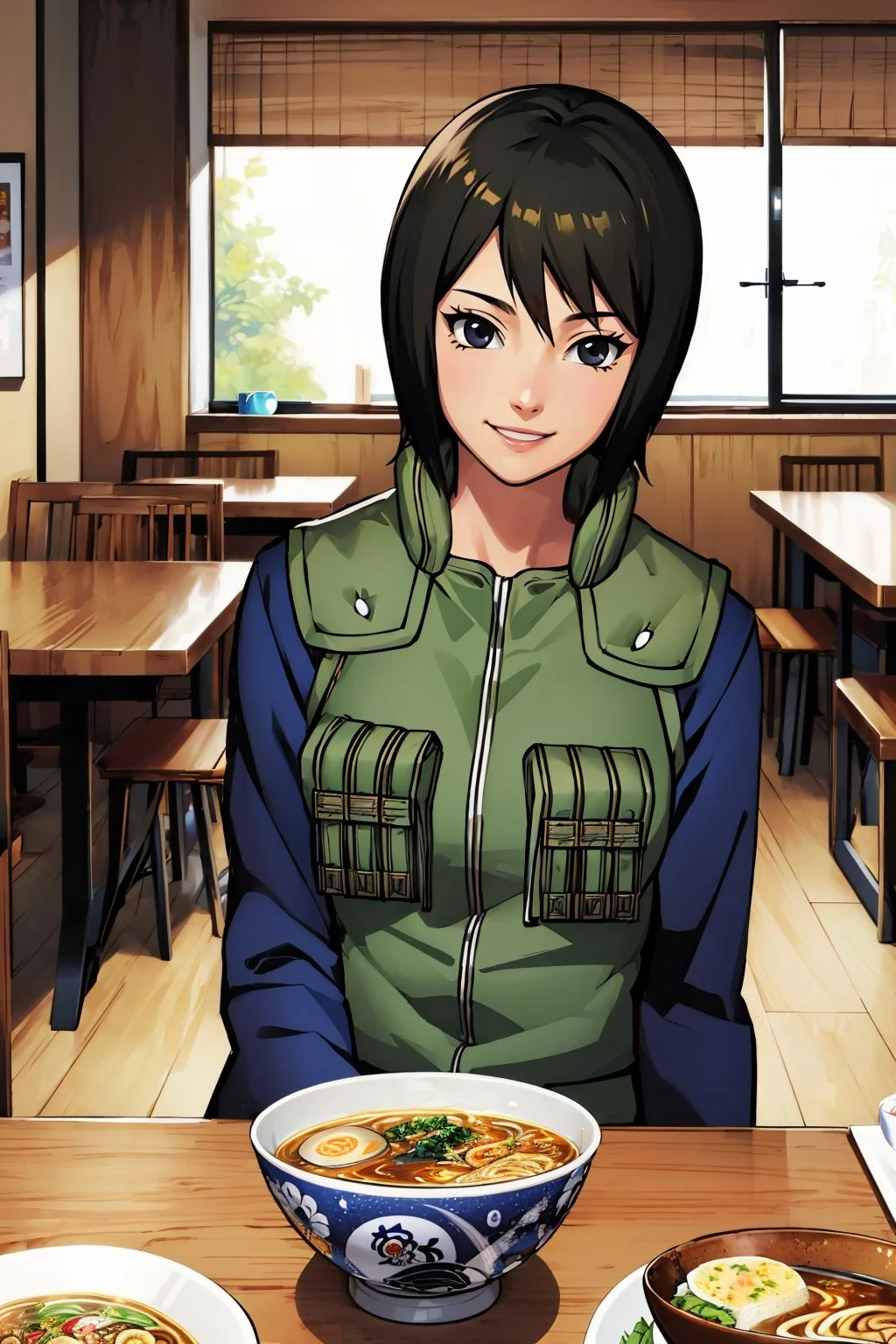 masterpiece, best quality, shizune, vest, long sleeves, pants, indoors, table, sitting, bowl of ramen, smile, 1girl,  
