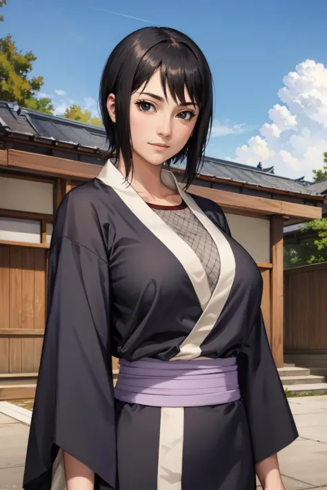 masterpiece, best quality, shizune, black kimono, upper body, looking at viewer, slight smile, large breasts, japanese architect...