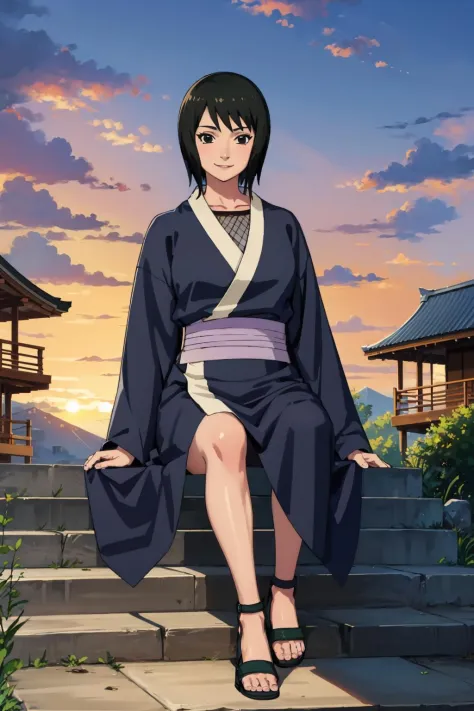 masterpiece, best quality, shizune, black kimono, sandals, sitting, smile, sunset, stairs, japanese architecture, outdoors, sky ...