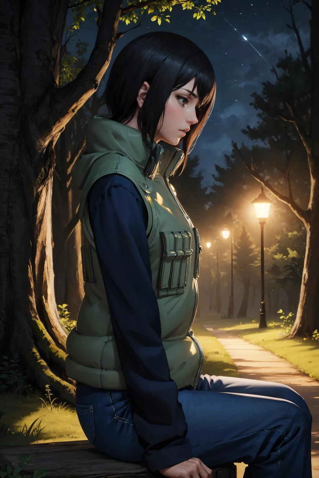 masterpiece, best quality, shizune, vest, long sleeves, pants, dynamic pose, furrowed brow, from side, sitting, dark, forest, chiaroscuro shading, night, 1girl 