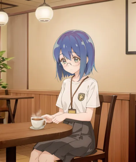 anime girl sitting at a table with a cup of coffee