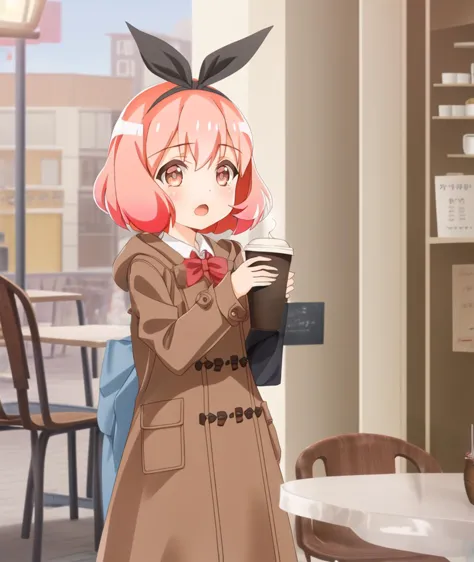 anime girl in a brown coat holding a cup of coffee