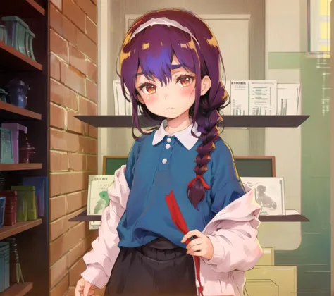 anime girl with purple hair and a blue shirt holding a knife