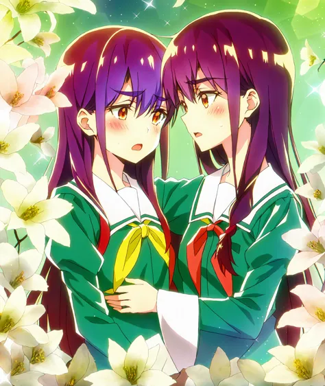 anime couple in green and purple uniforms hugging in front of flowers