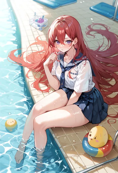 <lora:PONY-ç»-Azur Lane:0.8>,score_9, score_8_up, score_7_up, score_6_up,1girl,red hair, very long hair, purple eyes, hair between eyes,school uniform, <lora:Summer_Pool_Party_Pony:0.6>,summer pool party, uncensored,