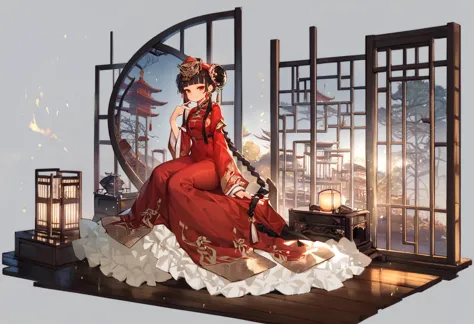 anime girl in red dress sitting on a platform with a fan