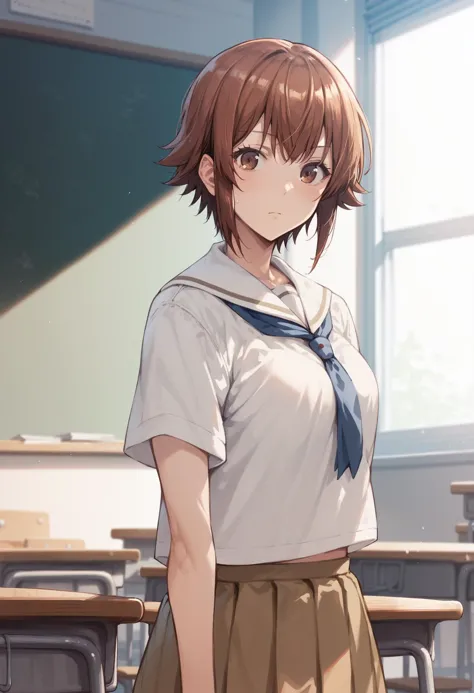 anime girl in school uniform standing in front of a classroom