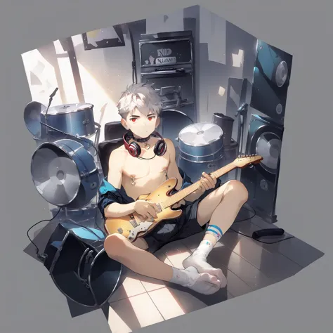 anime guy with a guitar and headphones sitting in a room