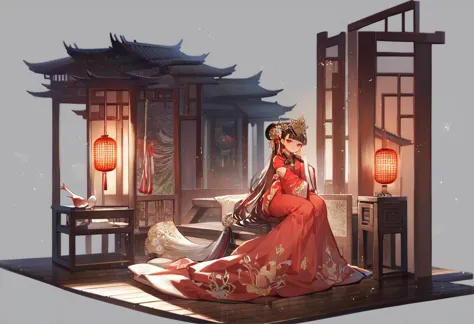 grey background, score_9, score_8_up, score_7_up, score_6_up, <lora:GachaAzurLaneXL_P6_lokr_V4236T3:0.95> 1girl, chinese clothes, dress, solo, red dress, holding, red eyes, long hair, sitting, long sleeves, lattice, hair ornament, looking at viewer, blunt bangs, wooden floor, lantern, bird, hat, holding fan, jewelry, wide sleeves, smile, long dress, full body, hand fan, brown hair, black hair, unworn headwear, east asian architecture, frills, tassel, unworn hat, light particles, very long hair, closed mouth, architecture, red theme, hand up, indoors, earrings