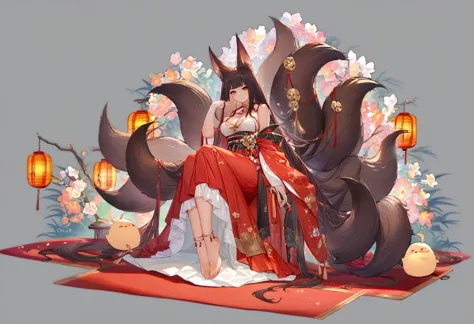 grey background, score_9, score_8_up, score_7_up, score_6_up, <lora:GachaAzurLaneXL_P6_lokr_V4236T3:0.95> 1girl, tail, animal ears, multiple tails, akagi \(azur lane\), long hair, manjuu \(azur lane\), breasts, barefoot, official alternate costume, fox ears, fox tail, brown hair, red carpet, brown tail, sitting, lantern, looking at viewer, very long hair, full body, kitsune, dress, flower, fox girl, cleavage, bare shoulders, chinese clothes, red eyes, solo, jewelry, feet, kyuubi, large breasts, smile, animal ear fluff, >_<, orange eyes, anklet, absurdly long hair, shawl