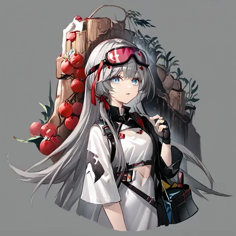 1girl, mulberry_\(arknights\), grey_hair, blue_eyes, goggles_on_head, black_gloves, very_long_hair, white_dress, long_hair, official_alternate_costume, white_shirt, fingerless_gloves, parted_lips, grey background, <lora:GachaAzurLaneXLP6lokrV4236T3:1>, <lora:arknight_all_v2:1>, <lora:artist_TK31_for_Pony:1>,