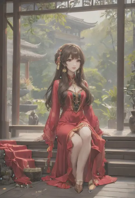 grey background, masterpiece, best quality, <lora:GachaAzurLaneXL_ANI31_lokr_V4236:0.95> 1girl,  dress, solo, red dress, holding, red eyes, long hair, sitting, long sleeves, lattice, hair ornament, looking at viewer, blunt bangs, wooden floor, lantern, bird, hat,  jewelry, wide sleeves, smile, long dress, full body, hand fan, brown hair, black hair, unworn headwear, east asian architecture, frills, tassel, light particles, very long 
detailed hair, closed mouth, architecture, red theme, hand up, indoors, earrings, lips, shy, half dress less, detailed lips, red colored lips, romantic