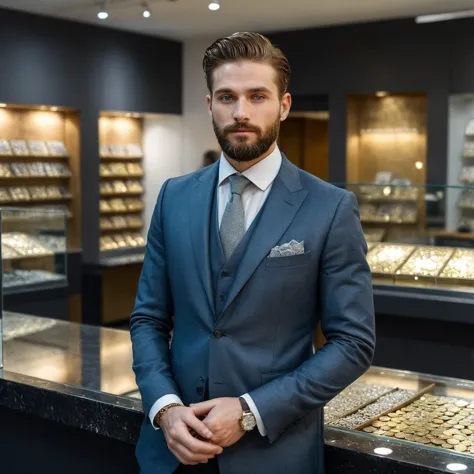 RAW photo, full body portrait of a beautiful man with a beard in a grey suite, he stands at a counter in a jewelry store selling (small) old gold coins with patina, full sharp, detailed face, blue eyes, (high detailed skin:1.2), 8k uhd, dslr, soft lighting, high quality, film grain, Fujifilm XT3
dappled light on face, pale skin, skin pores, oiled shiny skin, skin blemish, imperfect skin, intricate skin details, visible skin detail, detailed skin texture, blush, wrinkles, vitiligo spots, moles, whiteheads, blackhead, white pimples, red pimples, beauty spot, skin fuzz, [[[[[freckles]]]]] (perfect eyes), ((perfect hands with four fingers and one thumb each)) <lora:polyhedron_gold-000006:0.5>