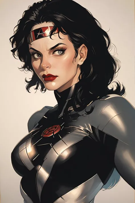 obra de arte, melhor qualidade, alta qualidade, alta resolução,
Sozinho, cabelo longo, black curly cabelo longo, seios, Inventar, maiô,  batom,
estilo de arte retrô,simples fundo, realista, Super heroi,
((Retrato)), sempre em frente, olhando_no_visualizador, Sozinho,boca fechada,simples_fundo,  