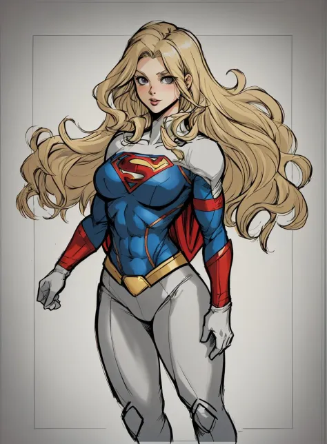 draw of a supergirl,  pillarboxed,  grey border, 
blonde hair,   cute superhero suit, large breasts,  long hair,  solo,
 <lora:HQ_Style-000003:.7> ,