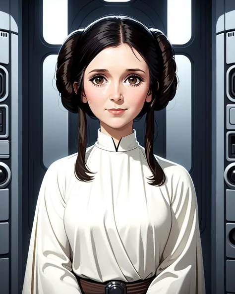 bangs, (sharpening, sharpening face):1.3, 1girl, solo, face viewer, looking at viewer, full body, no nipples, makeup, long hair, realistic, (masterpiece:1.2, best quality, absurd res, ultra detailed), (seductive smile):0.2, black hair,Leia Organa,
 <lora:SDXL Leia Organa è§¦å Leia Organa:1>Leia Organa