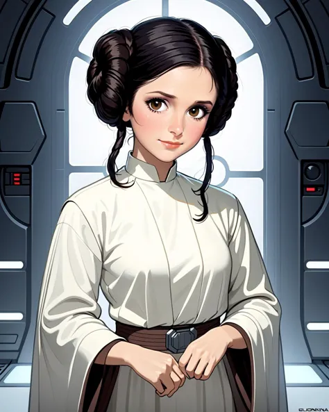 bangs, (sharpening, sharpening face):1.3, 1girl, solo, face viewer, looking at viewer, full body, no nipples, makeup, long hair, realistic, (masterpiece:1.2, best quality, absurd res, ultra detailed), (seductive smile):0.2, black hair,Leia Organa,
 <lora:SDXL Leia Organa è§¦å Leia Organa:1>Leia Organa