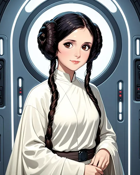 bangs, (sharpening, sharpening face):1.3, 1girl, solo, face viewer, looking at viewer, full body, no nipples, makeup, long hair, realistic, (masterpiece:1.2, best quality, absurd res, ultra detailed), (seductive smile):0.2, black hair,Leia Organa,
 <lora:SDXL Leia Organa è§¦å Leia Organa:1>Leia Organa