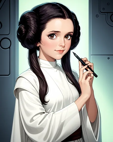 bangs, (sharpening, sharpening face):1.3, 1girl, solo, face viewer, looking at viewer, full body, no nipples, makeup, long hair, realistic, (masterpiece:1.2, best quality, absurd res, ultra detailed), (seductive smile):0.2, black hair,Leia Organa,
 <lora:SDXL Leia Organa è§¦å Leia Organa:1>Leia Organa