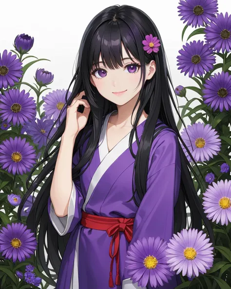 a woman in a purple kimono standing in a field of purple flowers