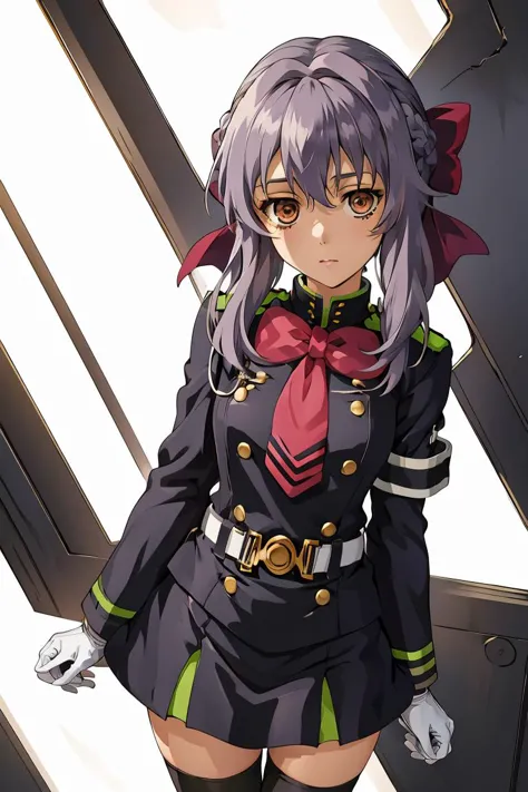 (masterpiece, best quality), 1girl,  <lora:hiiragi_shinoa_v1:1> aashinoa, hair bow, military uniform, red bowtie, long sleeves, ...