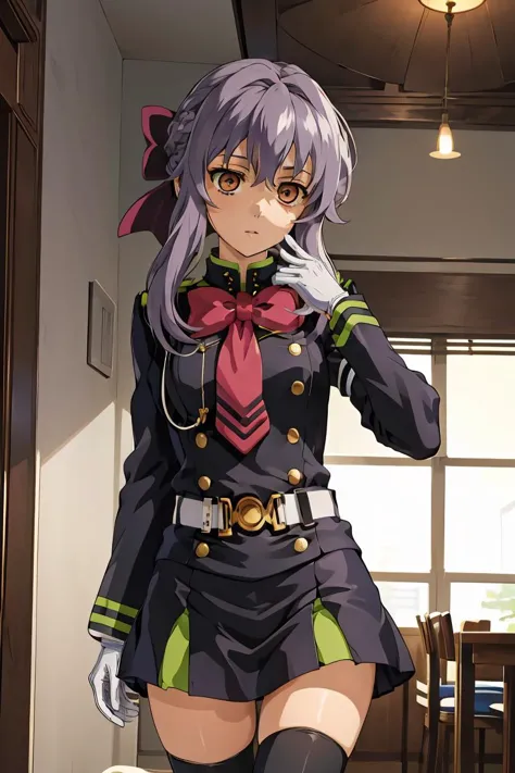 (masterpiece, best quality), 1girl,  <lora:hiiragi_shinoa_v1:1> aashinoa, hair bow, military uniform, red bowtie, long sleeves, ...