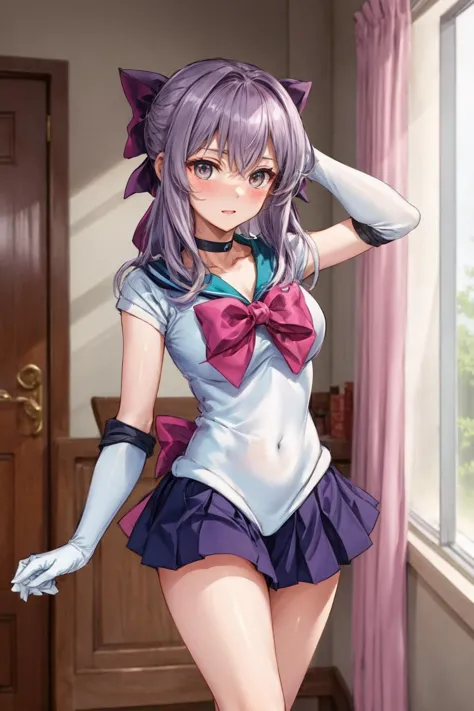 masterpiece, best quality, highres, aashinoa, hair bow, <lora:hiiragi_shinoa_v1:0.7>,aashinoa, hair bow, 
<lora:Sailor Moon Outfit:0.9>, sailor moon outfit, indoors,