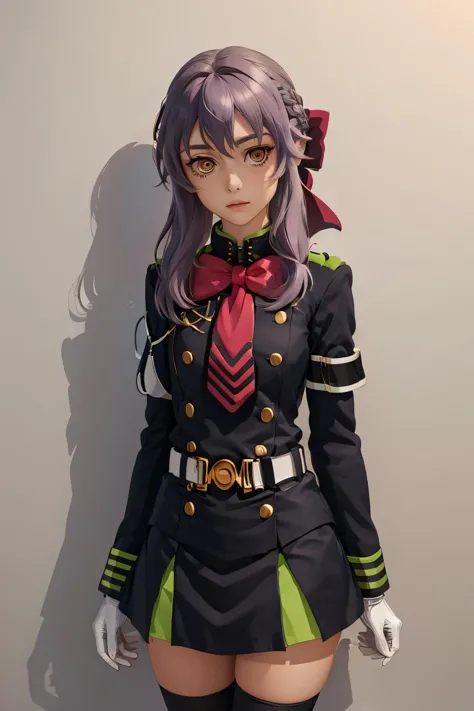 a close up of a person in a uniform with a bow