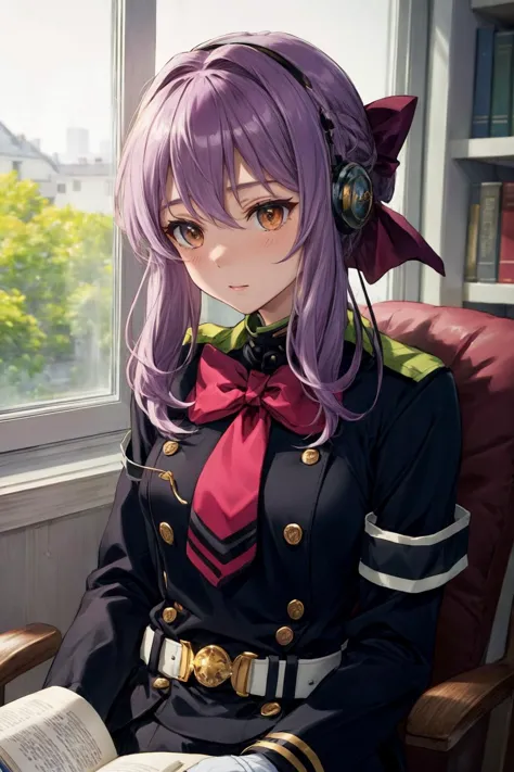 anime girl with purple hair sitting in chair reading a book