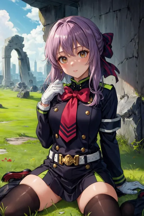 a woman in a uniform sitting on the ground in front of a stone wall