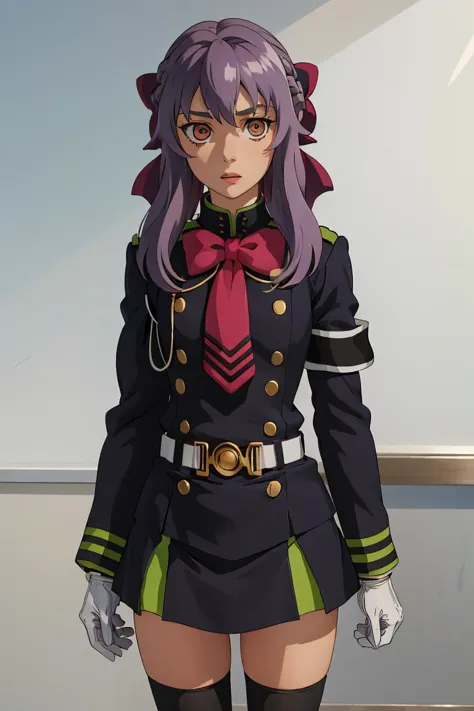 anime girl in uniform with purple hair and a red bow