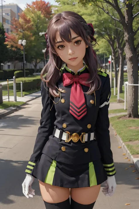 arafed woman in uniform posing on a sidewalk in a park