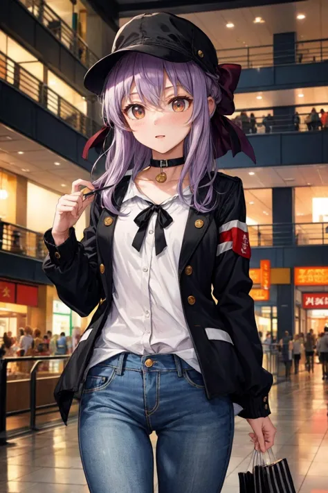 masterpiece, best quality, highres, aashinoa, hair bow, <lora:hiiragi_shinoa_v1:0.7>,black ribbon, black choker, black headwear, denim, black jacket, white shirt, jeans, long sleeves, shopping mall