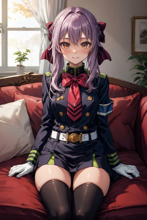 masterpiece, best quality, highres,  
aashinoa, hair bow, military uniform, red bowtie, long sleeves, armband, white gloves, belt, black thighhighs, <lora:hiiragi_shinoa_v1:0.7>
,smile, indoor, living room, couch