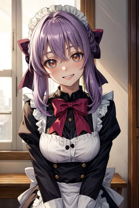 masterpiece, best quality, highres, aashinoa, hair bow, <lora:hiiragi_shinoa_v1:0.7>, indoors, maid, smile, close portrait, grin